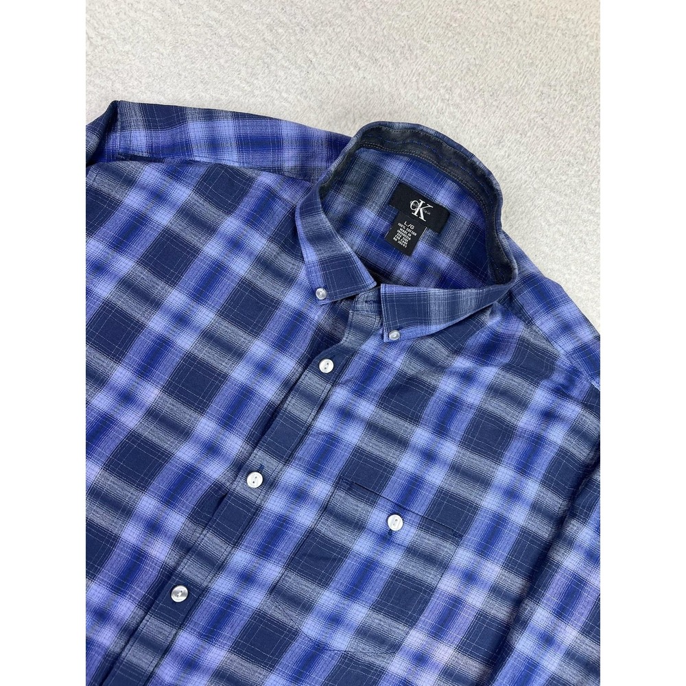 Calvin Klein Shirt Mens‎ Large Blue Plaid Button Down Long Sleeve 100% Cotton
